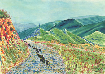 Watercolor painting on paper with canvas texture. A mountain landscape with a road and sheep walking along it. Cloudy sky. A distant perspective.