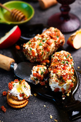 HONEY, APRICOT, AND ALMOND GOAT CHEESE SPREAD.selective focus