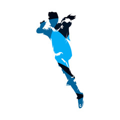 Naklejka premium Handball player shooting ball, blue isolated vector silhouette