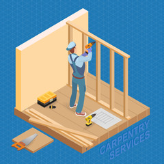 Isometric interior repairs concept. Builder with tools.