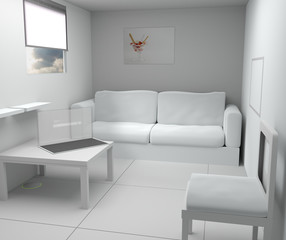 very small white modern room with transparency computer screen future design 3d rendering
