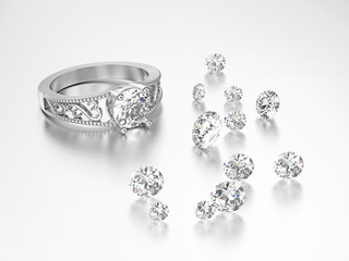 3D illustration white gold or silver decorative diamond ring and group of diamonds