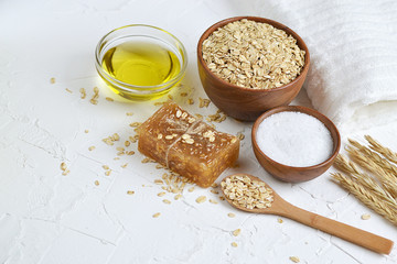 Natural Ingredients for Homemade Oatmeal Body Face Scrub Soap Beauty Concept Organic Eco Healthy Lifestyle