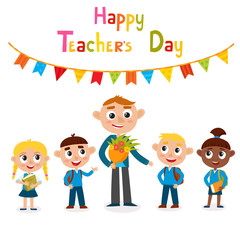 Vector illustration of man teacher and pupils isolated on white.