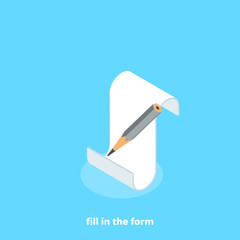 sheet of paper and pencil on a blue background, isometric image