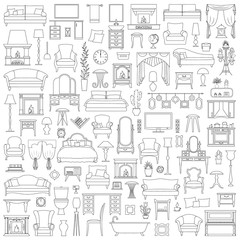 Fototapeta na wymiar A set of furniture and details in the outline style for creating the interior. Vector illustration. Linear icons of interior items.