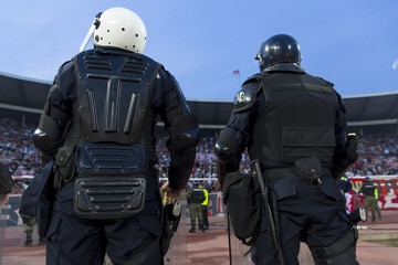 Naklejka premium Special police unit at the stadium event secure a safe match