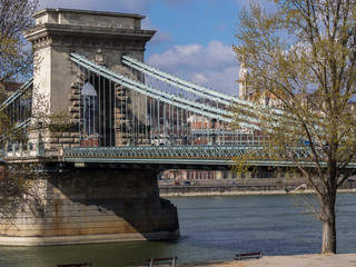 Fototapeta na wymiar A close view of Szechenyi Chain Bridge over Danube, Budapest, Hungary at daytime