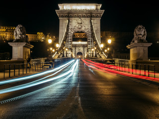 Chain Bridge with traffic light trails in Budapest at night