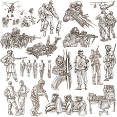 Soldiers, Army - An hand drawn collection. Warriors on white, isolated. Freehand sketching.