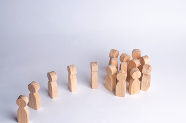 People gather in a crowd on a white background. The queue of people is drawn to the crowd. Herd...