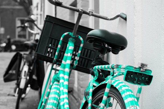 Green Blue Turqoise White Striped Painted Bike Bycicle Black And Grey White Background