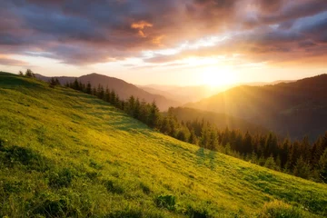 Foto op Canvas Sunset in the mountain valley. Beautiful natural landscape in the summer time © biletskiyevgeniy.com