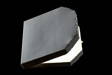 Empty cardboard pizza box, with hot steam, isolated on black