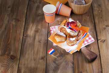 Traditional Dutch sweet pastries. Feast day of the King. Decor. Orange things for the holiday. Fun party. Netherlands