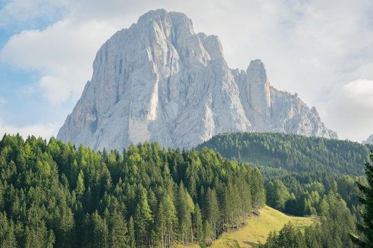 View to the Saslong mountain (Alps, Dolomites) in the region Val Gardena in Italy while tracking in summer
