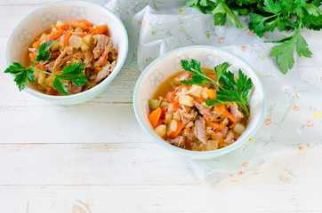 Stew of turkey and vegetables (zucchini, onions, carrots, tomatoes, bell peppers) on a white wooden table