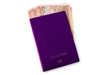 Blue passport for travel with bunch of euros banknotes inside, isolated.