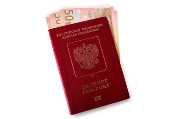Red Russian passport for travel, going abroad with bunch of euros banknotes inside, isolated.