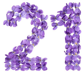 Fototapeta na wymiar Arabic numeral 21, twenty one, from flowers of viola, isolated on white background