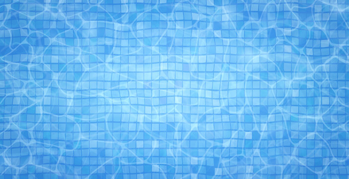 Swimming pool bottom caustics ripple and flow with waves background. Summer background. Texture of water surface. Overhead view. Vector illustration background.