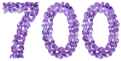 Arabic numeral 700, seven hundred, from flowers of viola, isolated on white background