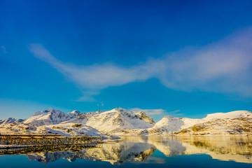 View of mountain reflecting in the water with cod stock fish heads located at one side of the lake on Lofoten islands