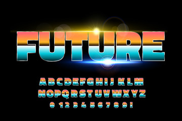 Shiny Chrome alphabet retro font. Sci-fi 80s future style.
