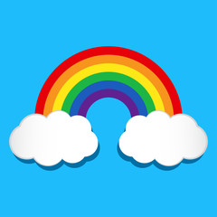 Fototapeta premium Rainbow and clouds on blue background. Vector illustration