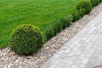 decorated stone paths among shrubs and flower beds in landscape design