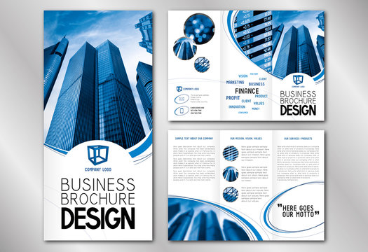 Business trifold brochure template (A4 to DL format) - modern office buildings/ skyscrapers.