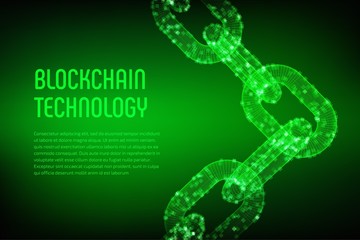 Block chain. Crypto currency. Blockchain concept. 3D wireframe chain with digital blocks. Editable cryptocurrency template. Stock vector illustration.