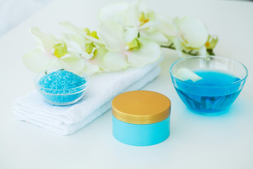 Obraz na płótnie Canvas Spa. Blue Bath Salt Beauty Treatment on White Background