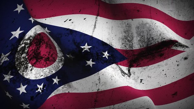 Ohio US State grunge flag waving loop. United States of America Ohio dirty flag blowing on wind.