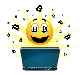 Illustration of smiley earning over the net with bitcoin currency. Positive smiling ball earning money.