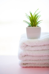 Spa Relax And Bath Concept, Stack Clean Bath Towels Colorful Cotton Terry Textile In Bathroom Pink...