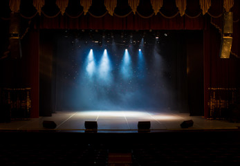 scene, stage light with colored spotlights and smoke