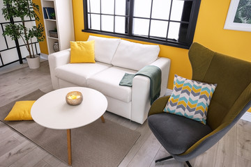 Elegant living room interior with comfortable sofa, table and armchair