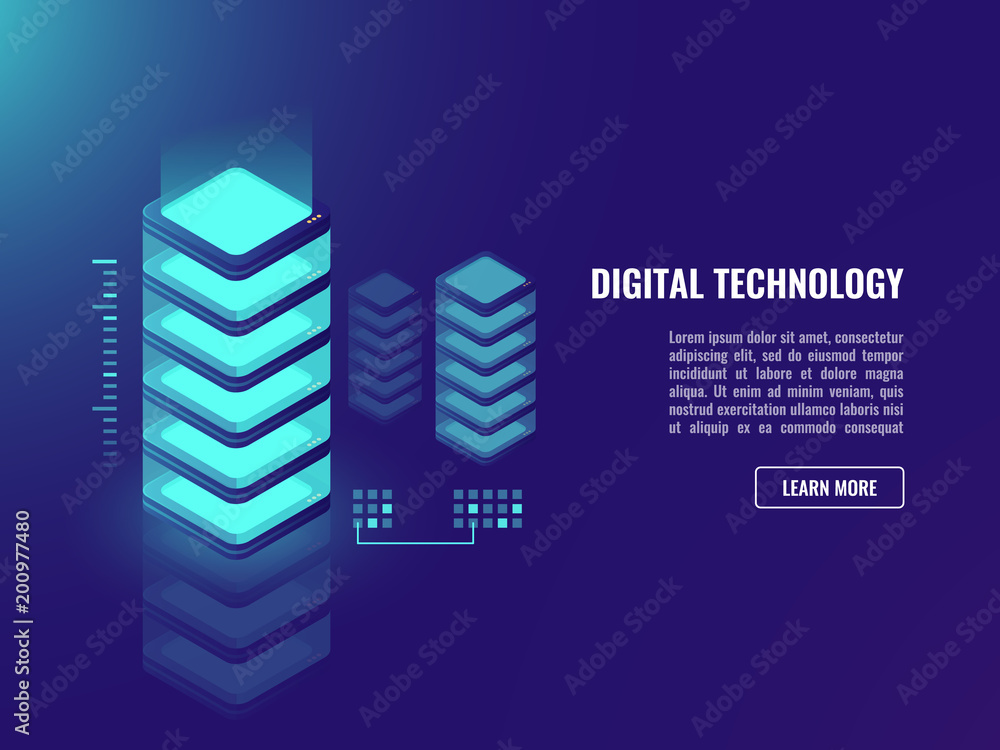 Poster isometric vector datacenter concept, networking, website and web application development, cloud stor