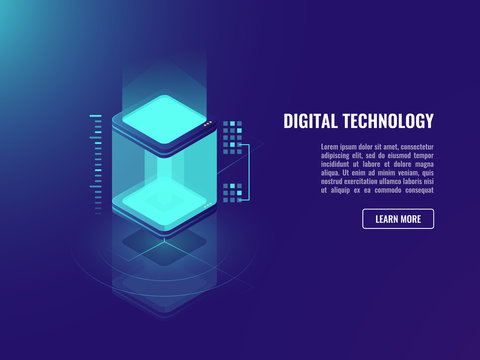 Data warehouse, web concent mining concept, cloud storage, vector isometric datacenter and database icon, neon ultraviolet