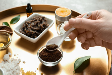 Woman preparing natural body scrub