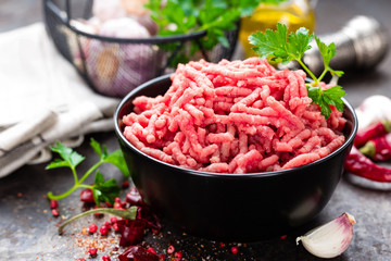 Raw ground beef meat with ingredients for cooking. Fresh minced meat