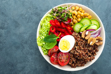 Buddha bowl dish with boiled egg, chickpea, fresh tomato, sweet pepper, cucumber, savoy cabbage, red onion, green sprouts, spinach leaves, chia and quinoa