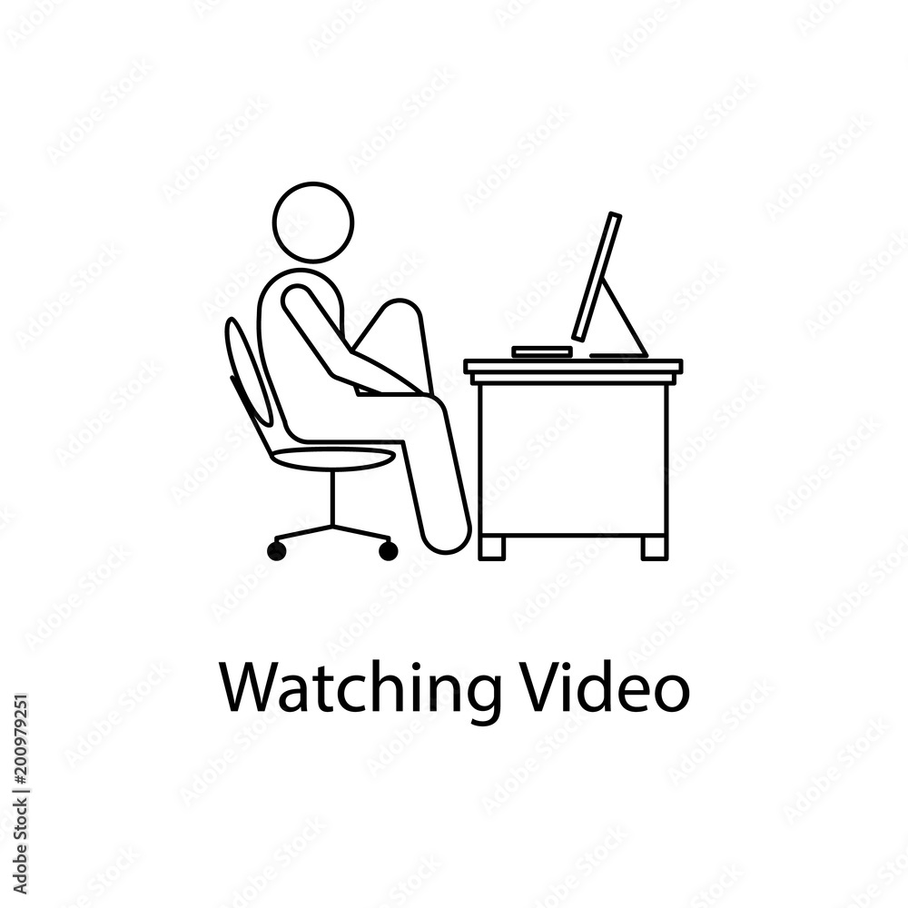 Poster worker is watching video icon. element man in front of a computer in the workplace for mobile concep