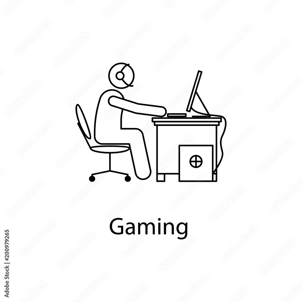 Poster workerr is playing game icon. element man in front of a computer in the workplace for mobile concept