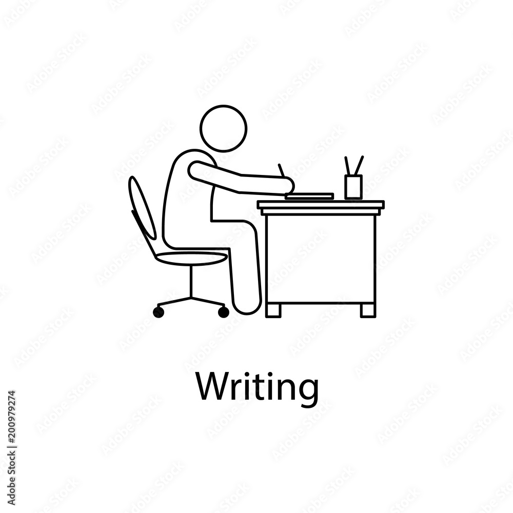Poster worker is writing icon. element man in front of a computer in the workplace for mobile concept and w