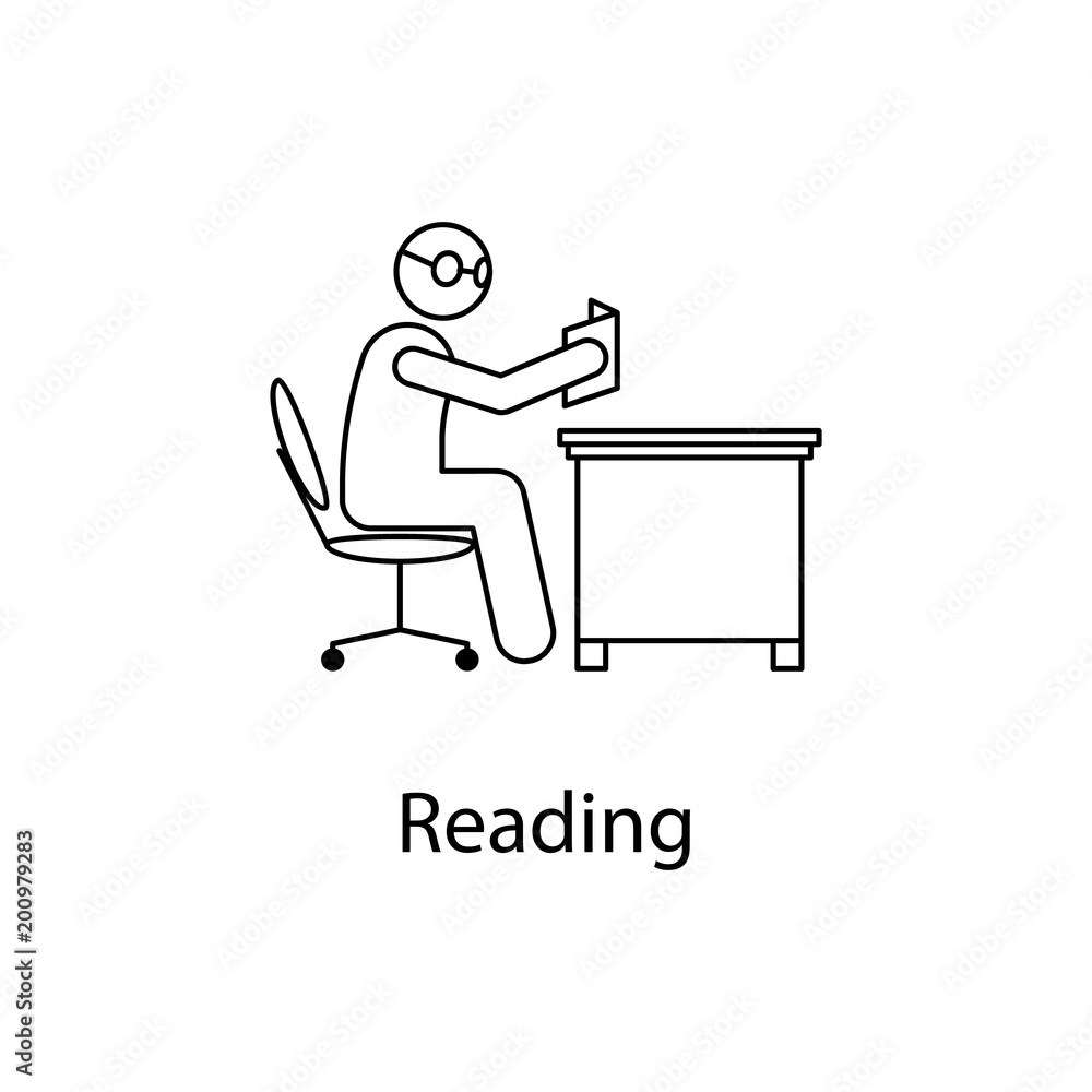 Poster worker is reading icon. element man in front of a computer in the workplace for mobile concept and w