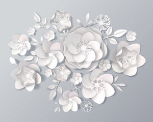 Realistic White Paper Flowers Set