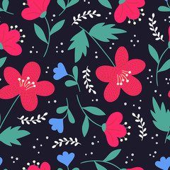 Cute elegant floral hand drawn seamless pattern. Red and blue flowers on dark background. Ditsy print. Perfect for textil design, scrapbooking etc. Vector illustration