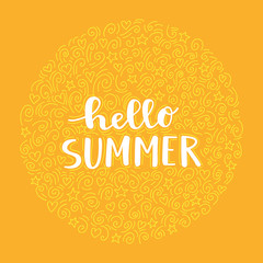 Hello summer hand drawn lettering with decorative calligraphic elements on sunny yellow background. Vector colorful  illustration